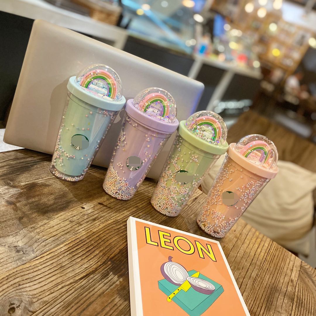

Starbucks 15oz/450ml Cute Cartoon Rainbow Plastic Tumbler Reusable Drinking Flat Bottom Cold Water Cup Pillar Shape Lid Straw Mug Coffee Mugs