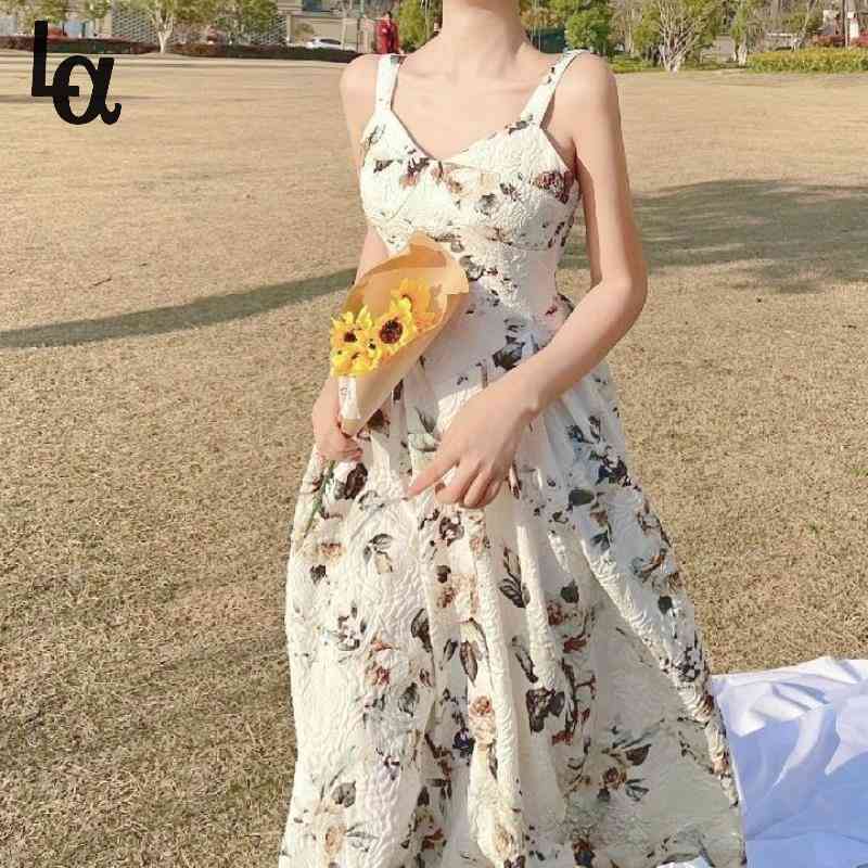 

French Vintage Strap Floral Dress Women Elegant Sexy Party Backless Midi es Retro Sweet Holiday Print Summer 210519, As picture