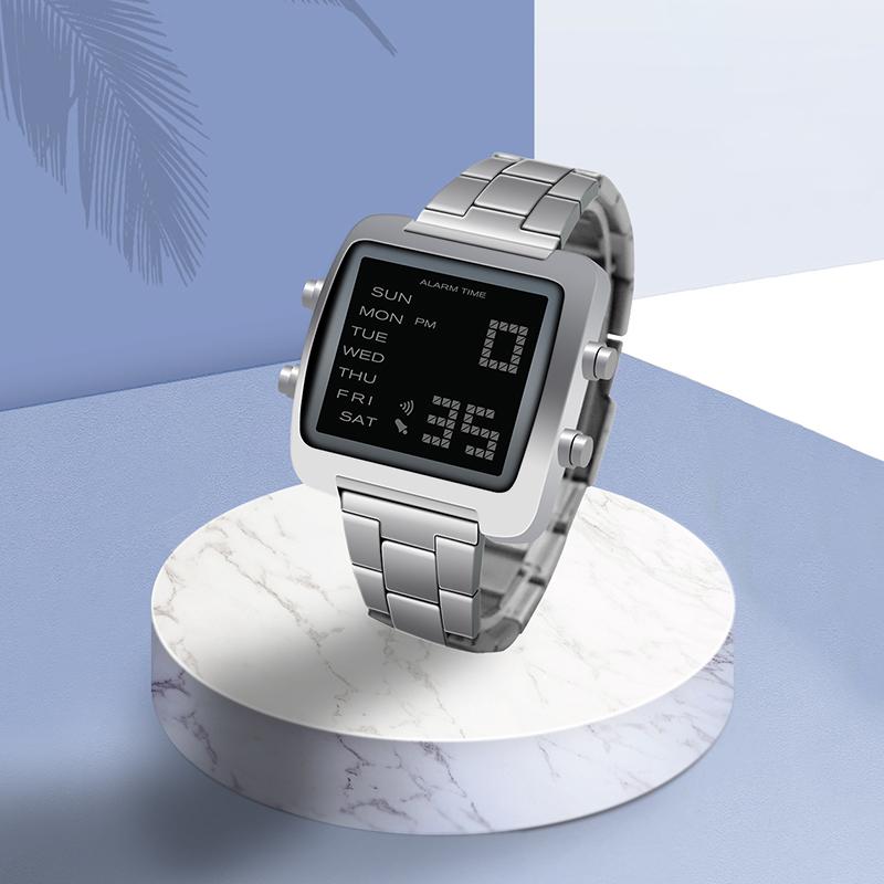 

Simple fashion square mens and womens electronic watch Korean Trend personality domineering large dial waterproof luminous steel, Slivery;brown