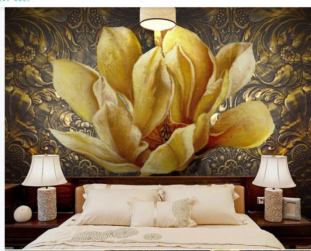 

Metal oil painting flower embossed gold flower 3D stereo TV background wall modern wallpaper for living room, As show