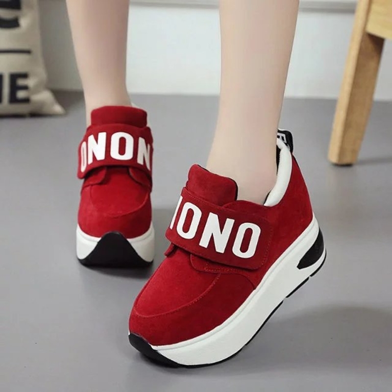 

Dress Shoes Invisible High Heels Women Wedge Casual Flock Hook & Loop Platform Sneakers Spring Black Flat Vulcanization Sports EXG, Red