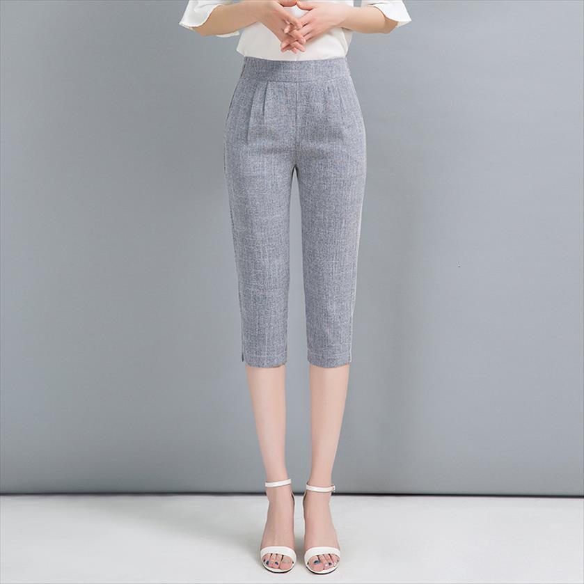 

cotton linen harem spring womens pants summer office thin mid elastic waist calf length, Black;white