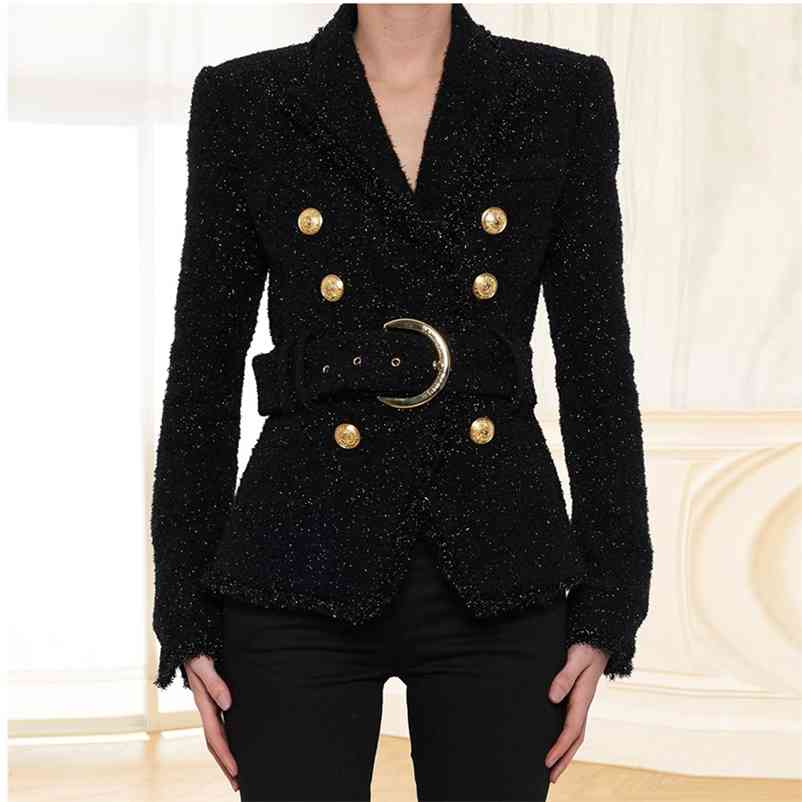 

HIGH STREET est Baroque Fashion Designer Blazer Women's Double Breasted Lacing Belt Sparkle Wool 210521, Black