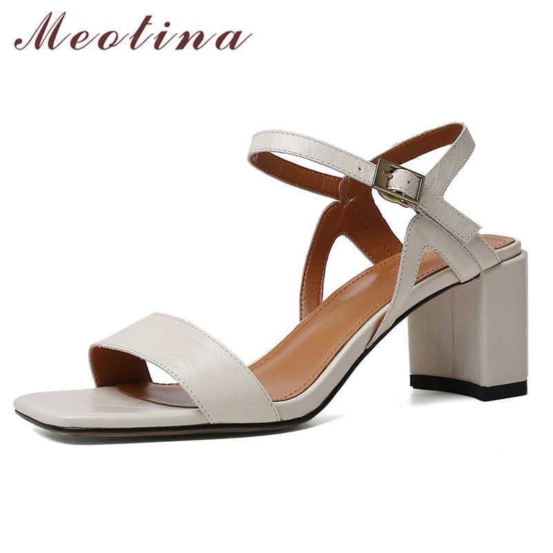 

Meotina Shoes Women Buckle Natural Genuine Leather Sandals Thick High Heel Female Shoes Square Toe Ladies Sandals Summer Brown 210608, Beige