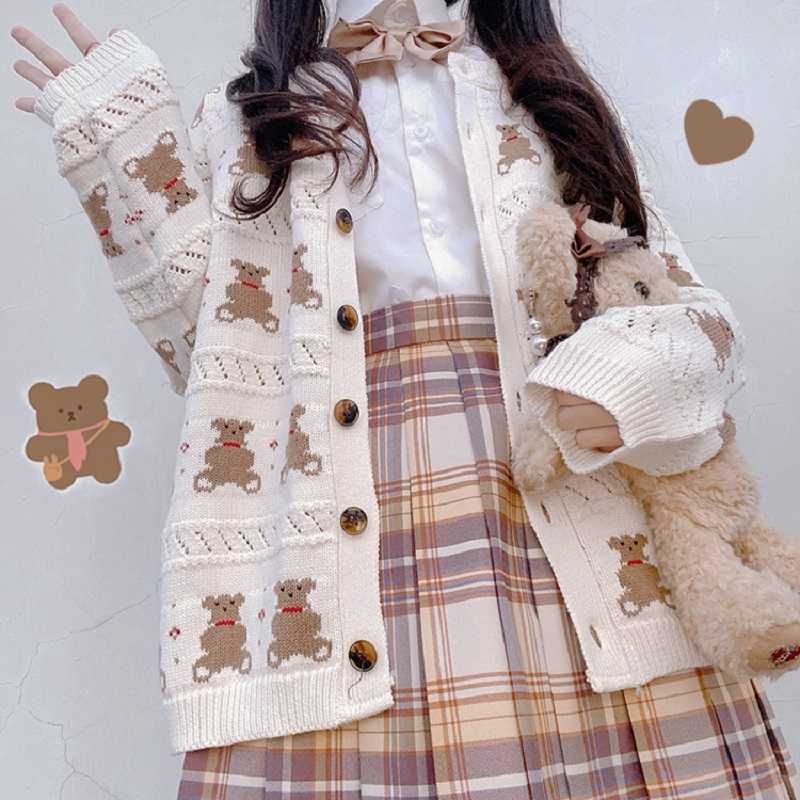 

Winter Ulzzang cute bear knitted sweater plus size fashion Japanese cardigan Preppy female Harajuku kawaii cartoon 210608
