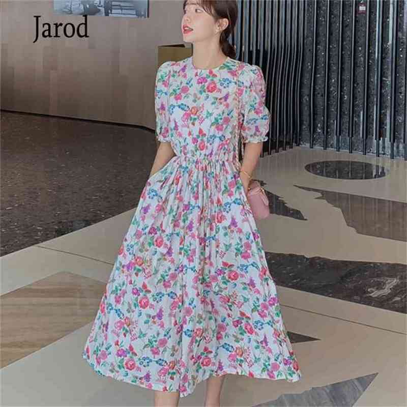 

Summer Floral Short Sleeve Midi Dress Women Elegant Ladies High waist slim Retro Holiday 210519, Photo color
