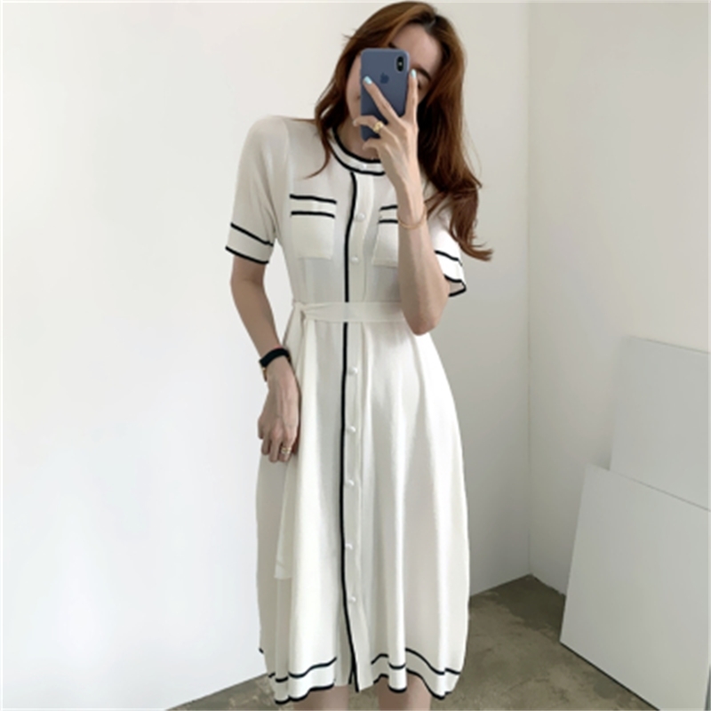 

Autumn Korean Elegant Knitted Women Dress With Sashes Long Sleeve Single-breasted Pleated Dresses Vintage Ladies Vestidos 210518, White