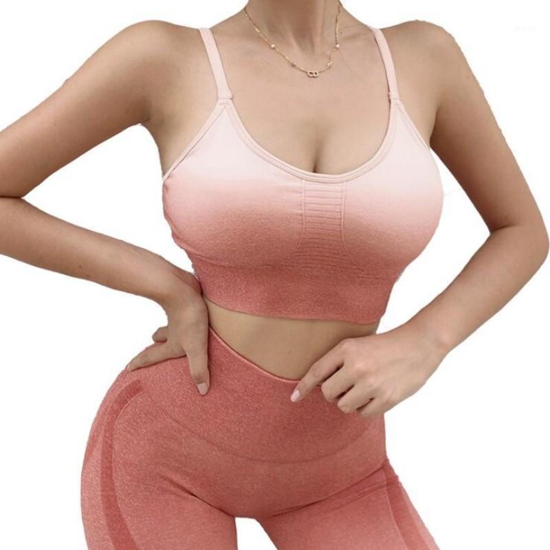 

Yoga Outfit Women Set Gradient Seamless Elastic Breathable Sport Tracksuit Fitness Gym Clothing Run Bra High Waist Leggings Suit, Fuchsia 2 pcs