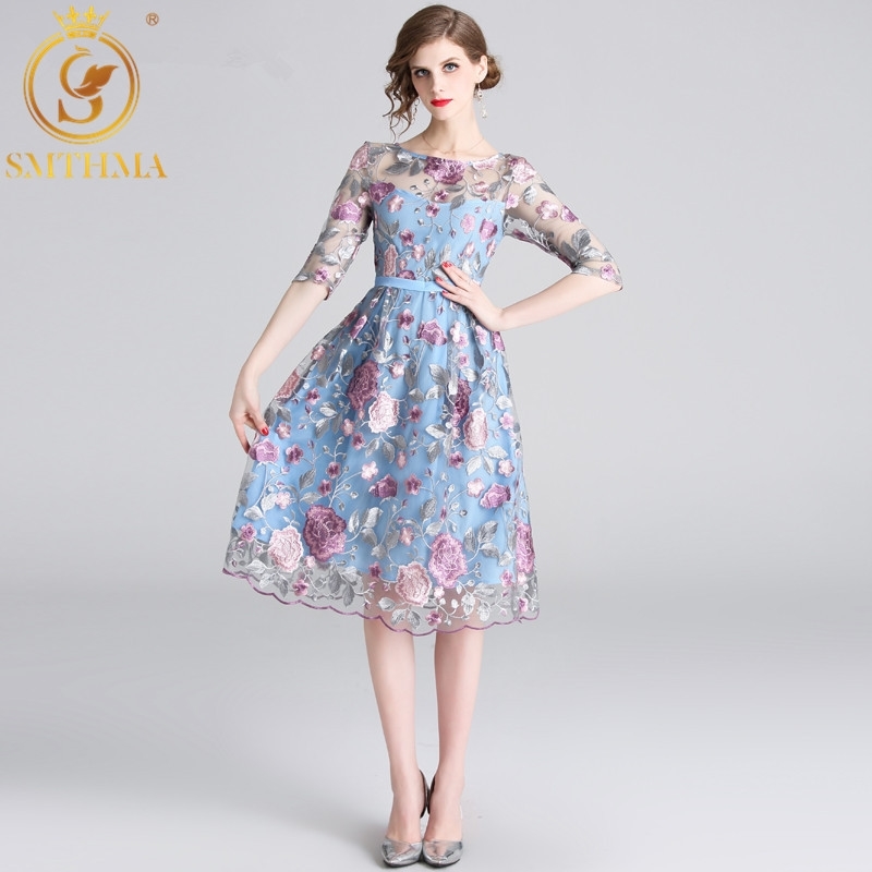 

High Quality Luxury Runway Dress Robe Womens Mesh Embroidery Summer Half Sleeve Vestidos 210520, Photo color