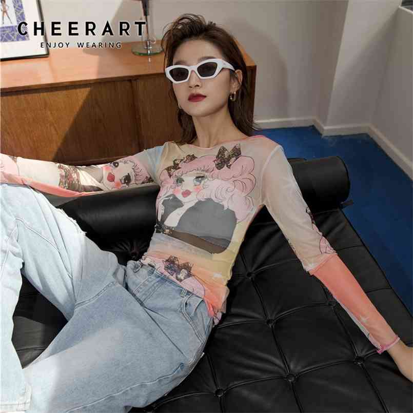 

CHEERART Cartoon T Shirt Mesh Top Long Sleeve Anime Tshirt Women Pink Print See Through Transparent Fall Fashion 210708, Beige