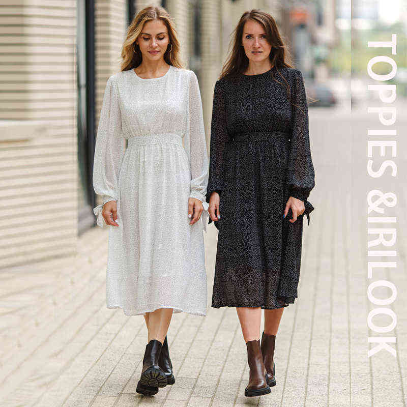 

Toppies 2021 Fashion Women's Dress O Neck Casual Polka Dot Print Chiffon Elegant Dress Chic Long Sleeve Femme Dress G1223, White