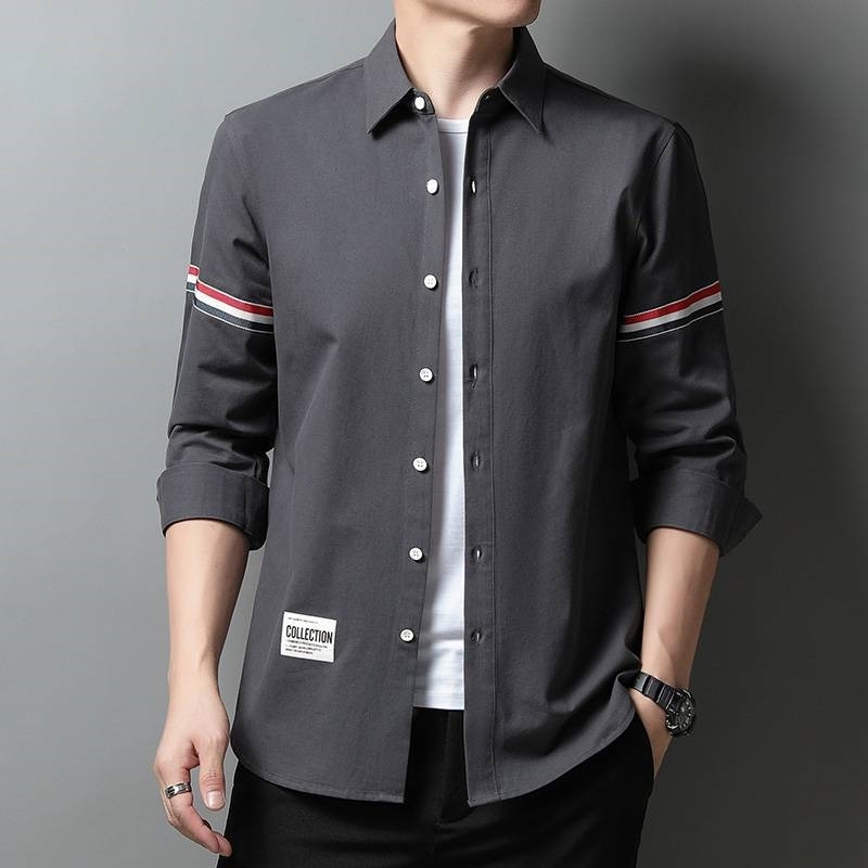 

Light luxury brand TB men's autumn and winter pure cotton Oxford fashion embroidery label contrast ribbon slim long sleeve shirt, White;black