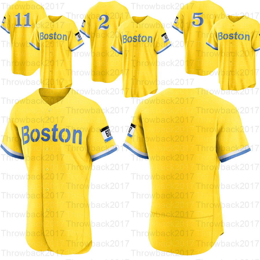 

2021 Men's Boston City Connect Gold Jersey 11 Rafael Devers 5 Enrique Hernandez 2 Xander Bogaerts 3 Jose Peraza