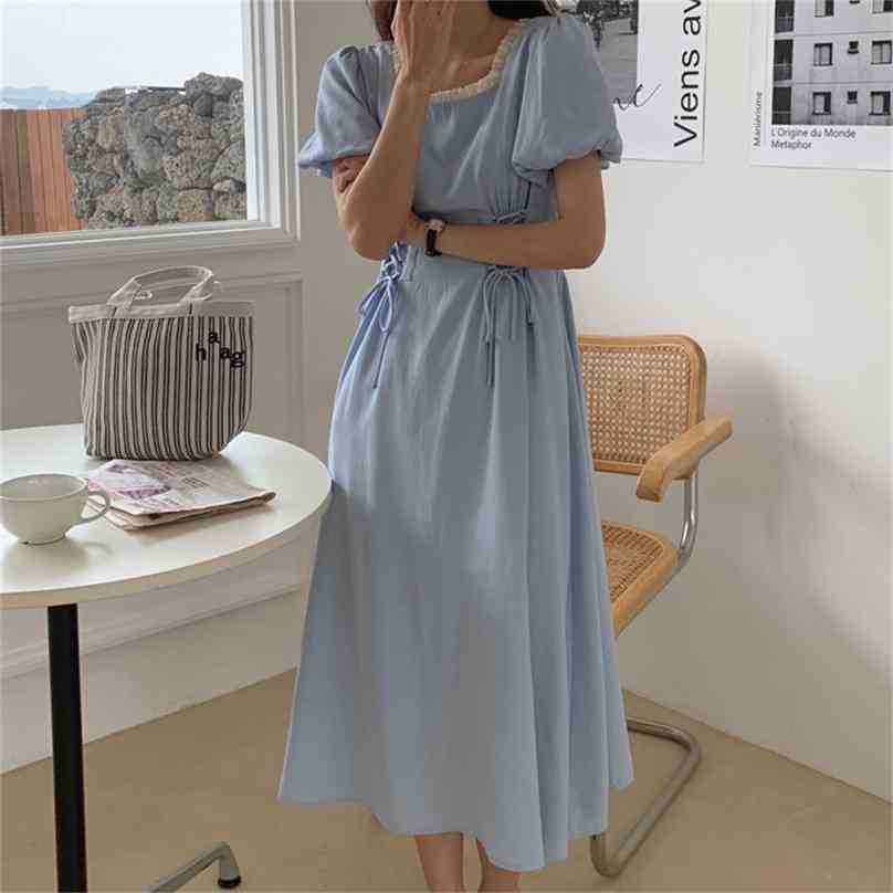 

Square Collar Retro Sexy Slim OL Femme All Match Summer Party Girls Streetwear Long Dresses Vestidos 210525, Blue