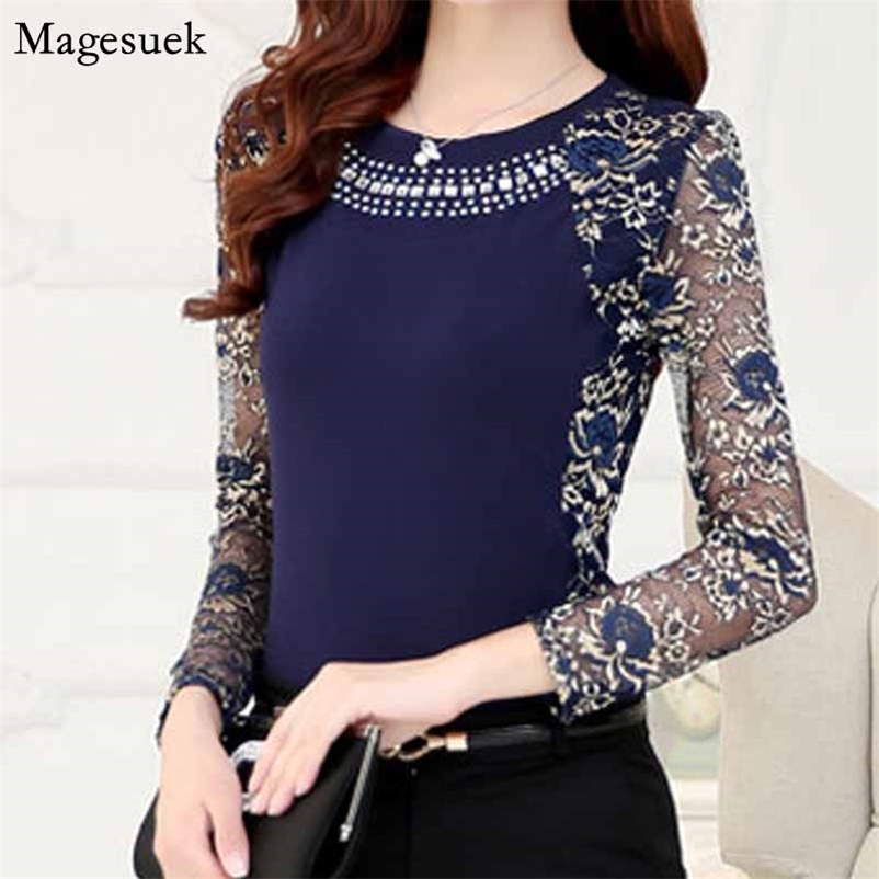 

Ladies Long Sleeve Slim Lace Patchwork Women Tops Fashion High Quality Women' Plus Size Blouse Shirts 160F 210518, Dark blue