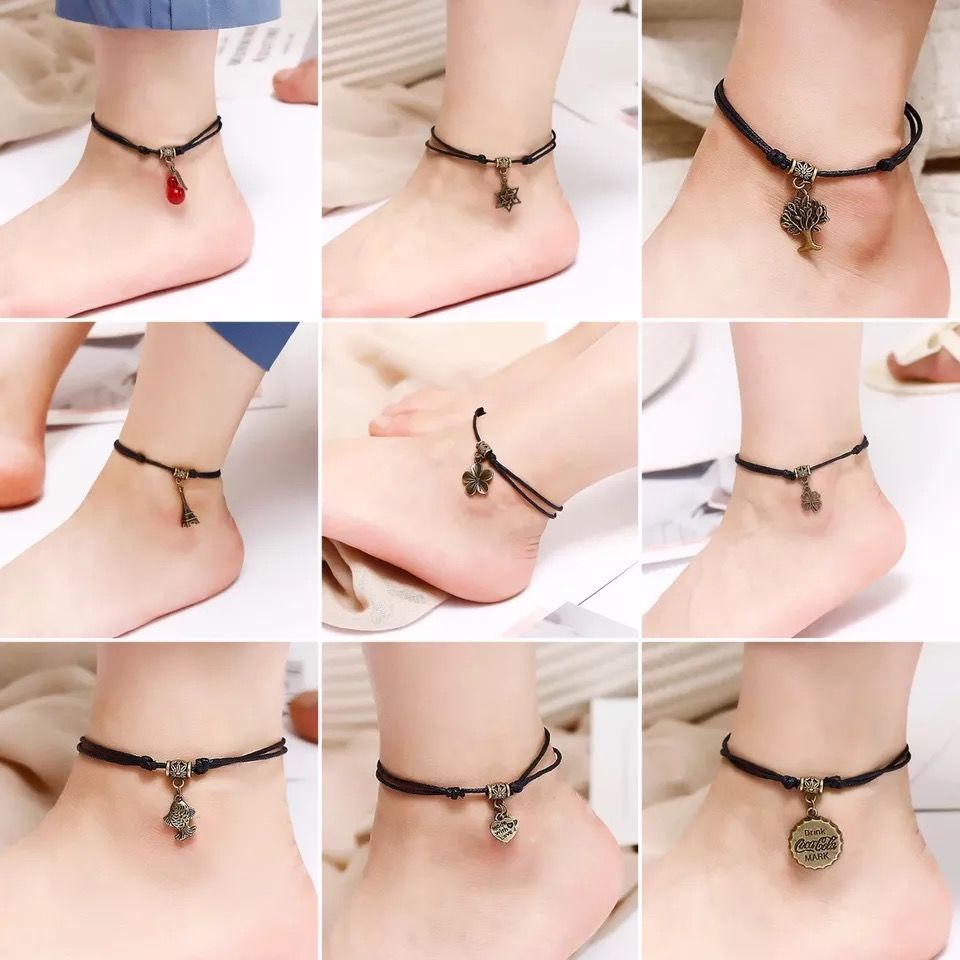 

50pcs/lot Vintage Star Heart Love Anklets For Women Men Ankle Bracelets on Foot Fashion Handmade Wax Rope Chain Friendship Jewelry