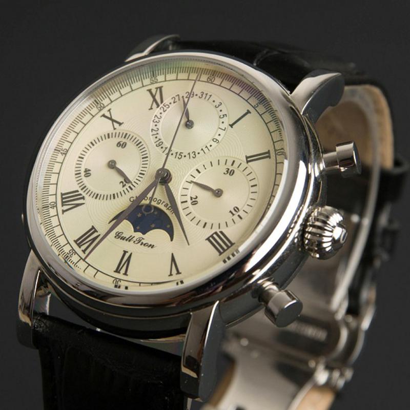 

Wristwatches Mechanical Chronograph Watch Men Wristwatch Seagull ST1908 Movement Gold Stainless Steel Sapphire Moon Phase Wrist Watches Mens, White dial 1