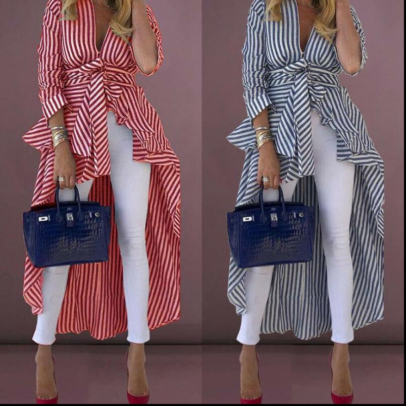 

fashion womens blouses women chic loose long sleeve striped belted shirt casual blouse office lady girl v neck ruffles asymmetry, White