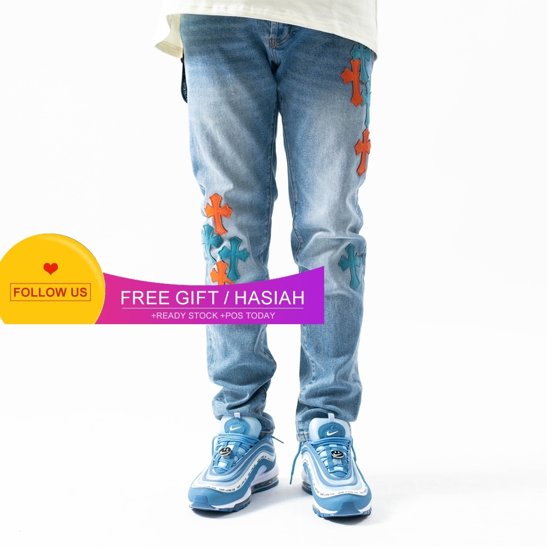 

for Crosin Jeans Light Men's Luxury Ch Young Cross Patch Slim Casual Zipper Leggings, Black