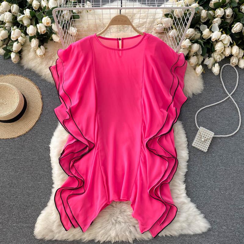 

Women's Blouses & Shirts Design Ruffle Chiffon Blouse Women Short Sleeve Solid Casual Loose Tops 2021 Summer Fashion Korean Streetwear, Purple