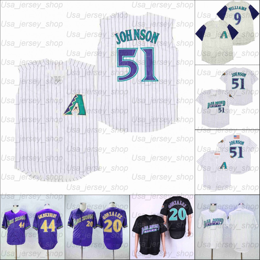 

Retro Arizona Home Jersey 51 Randy Johnson 9 Matt Williams 20 Luis Gonzalez 44 Goldschmidt and black, As photo