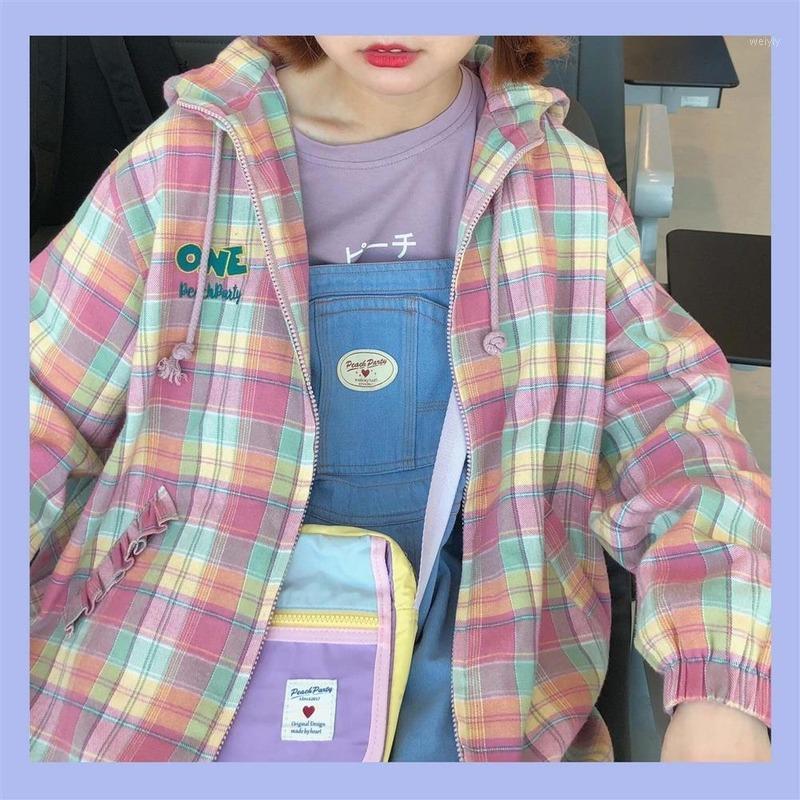 

Women' Jackets 2021 Autumn Pink Plaid Hooded Coat Japanese Women Sweet Loose Casual Jacket Long Sleeve Zipper Pocket Top Outwear