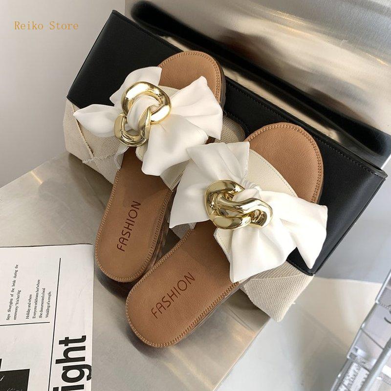 

Slippers Leather Women's Outer Wear 2021 European Station Shoes Bow Flat Sandals And Women Summer, Black