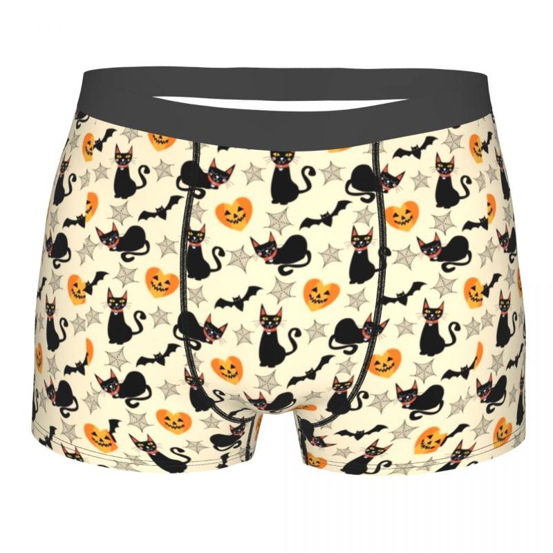 

Underpants Halloween Cat Pumpkin Bat Underwear Funny Sublimation Trenky Polyester Trunk Print Stretch Male Boxer Brief, Black;white