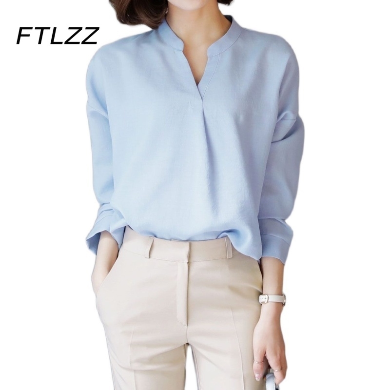 

Korean Fashion Blouse Women Spring Autumn Long Sleeve V Neck Shirts Ladies Casual Button Up Tops Clothes 210602, Blue