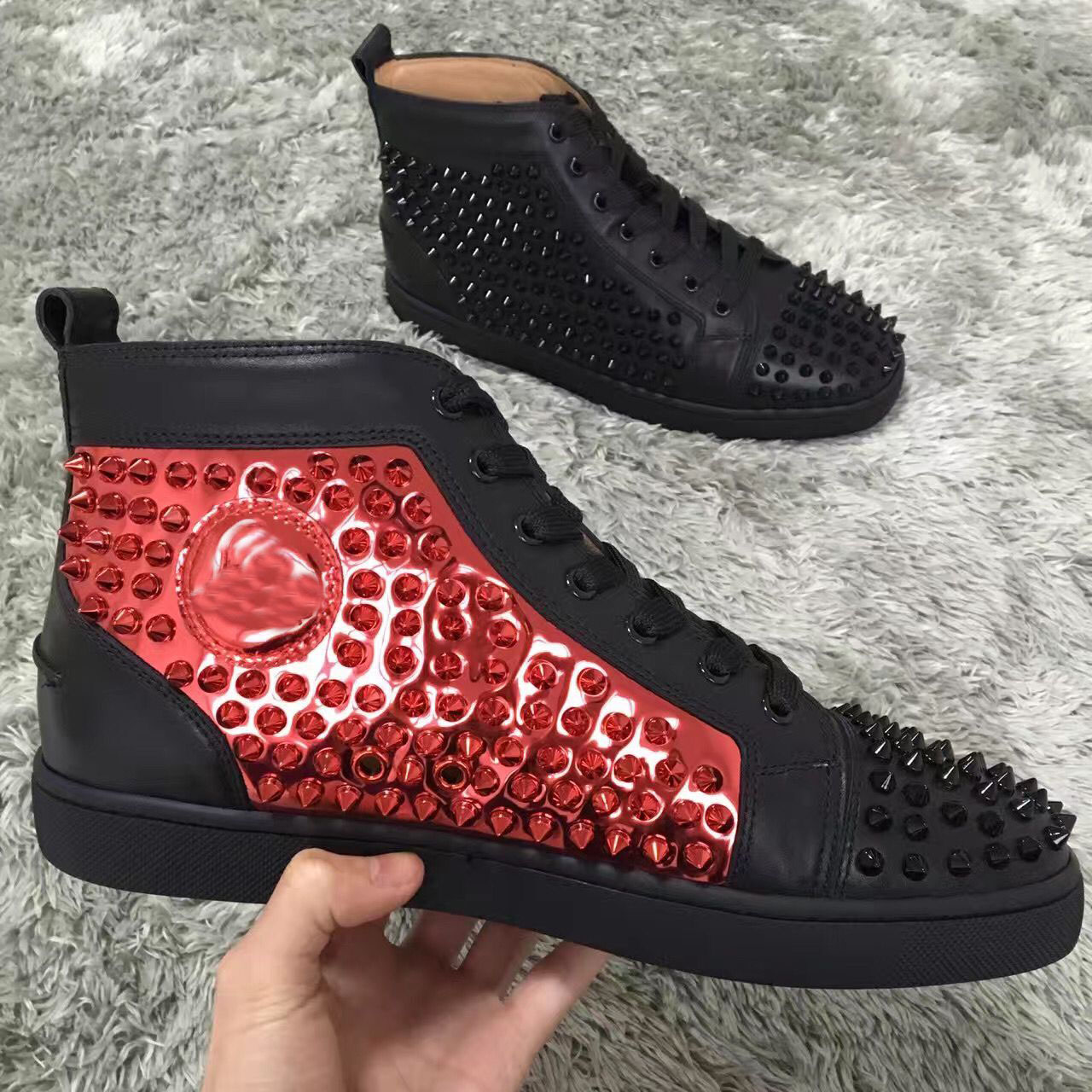 

[Original Box]Famous Designer Men's Sneakers Red Bottom Shoes With Spikes High Top Casual Flats Rivets & Leather Outdoor Sports Trainers EU35-47, 10