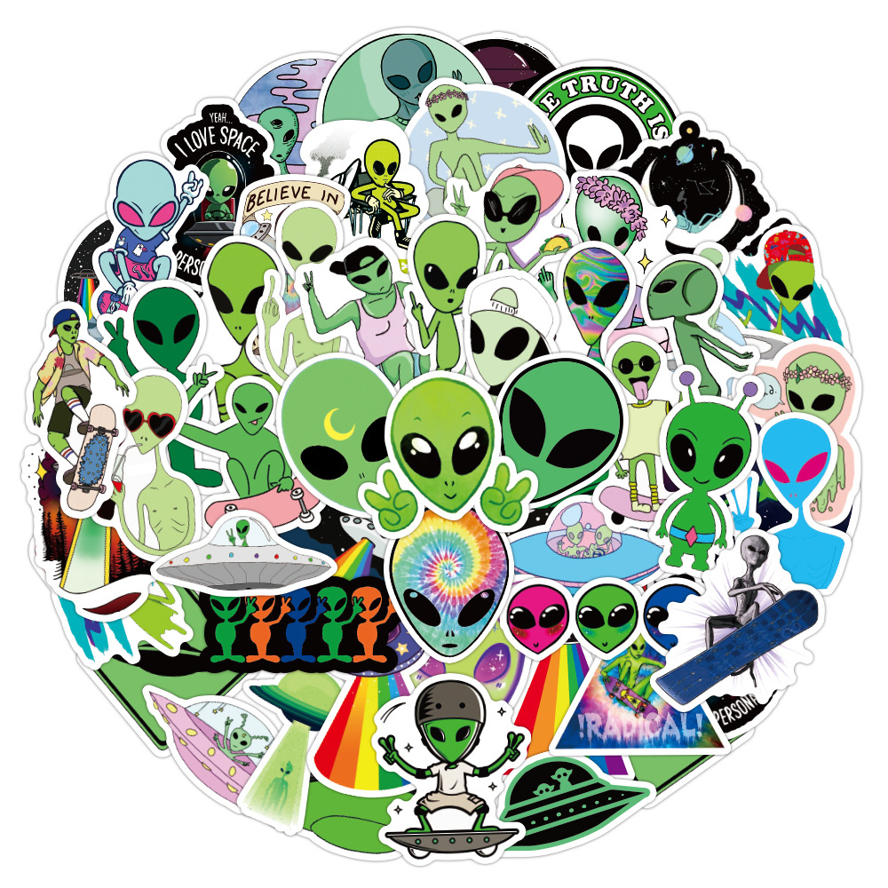 

W4 50PCS Aliens UFO Cartoon Stickers Skateboard Fridge Phone Guitar Laptop Motorcycle Travel Luggage Classic Toy Decal Stickers