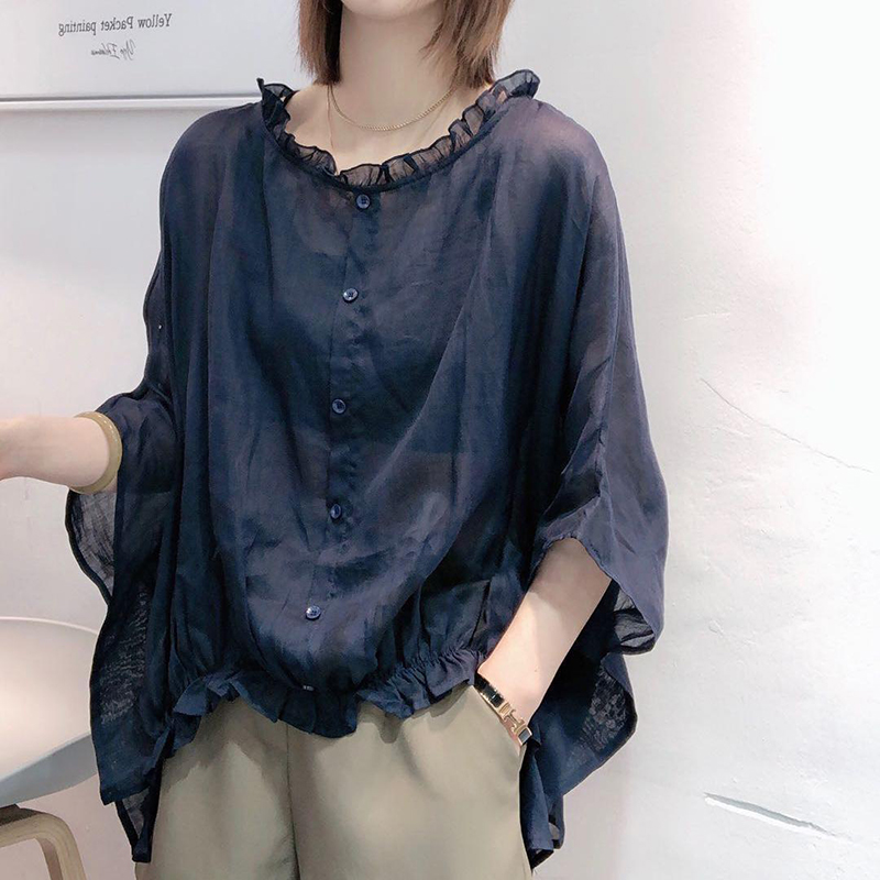 

2021 Summer New Arts Style Women Batwing Sleeve Loose Shirts Vintage Cotton Linen Casual Blouses Big Size Femme Blusas M145, Dark blue