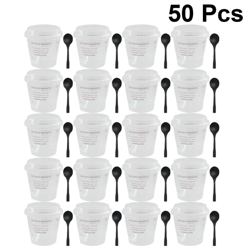 

Disposable Cups & Straws 50 Sets Of Mousse Cup DIY Tiramisu Plastic Dessert Creative Container With Spoon And Lid Coffee
