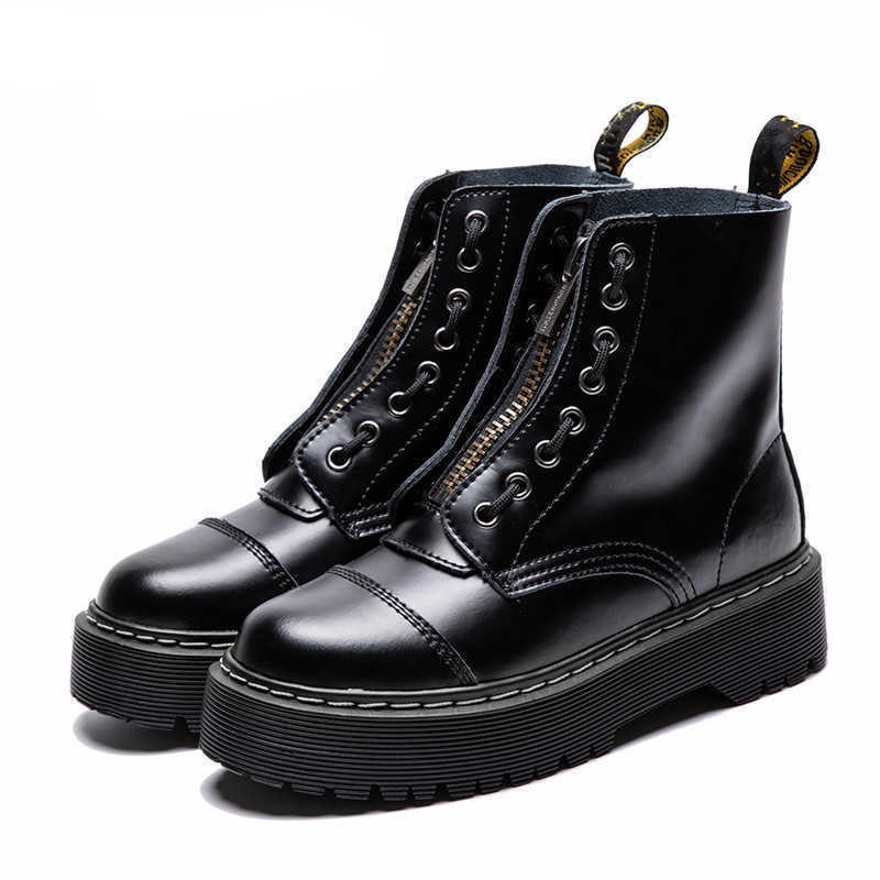

New Fashion Round Toe Chunky Ankle Boots For Woman Lace-Up Zipper Punk Platform Martin Botas Mujer Thick Bottom Cow Leather Gothic Shoe, Black patent leather