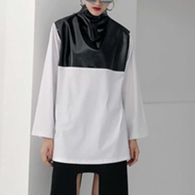 

Spring Style Loose Design Cool Leather T-Shirts High Street Full Turtleneck Solid Fashion Tshirt 210615, Black
