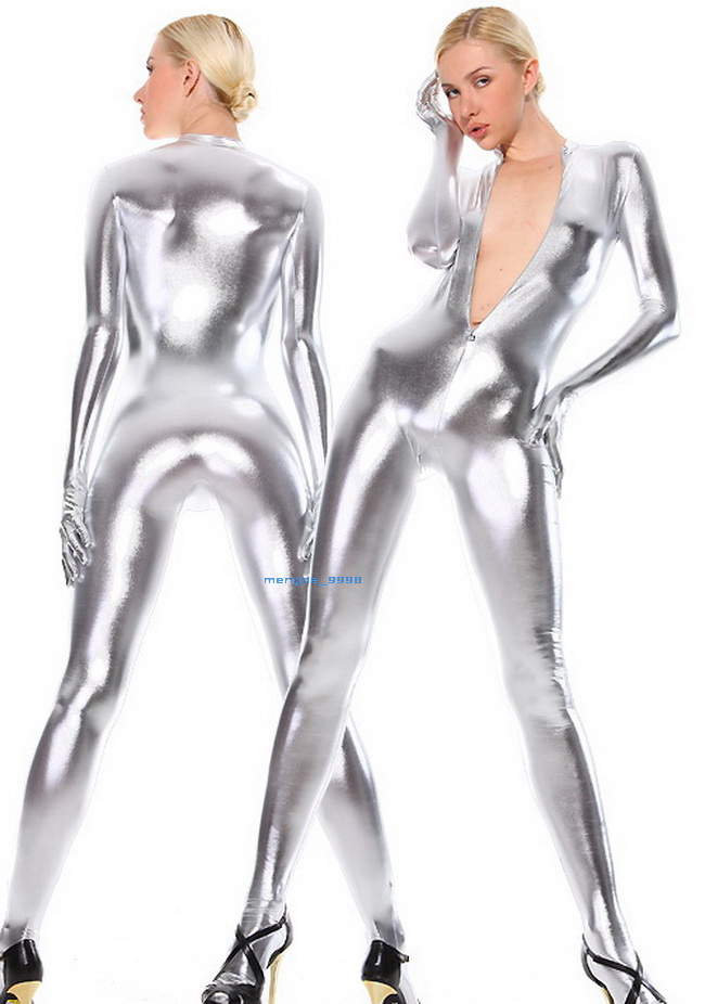 Unisex Silver Shiny Lycra Metallic Catsuit Costume Sexy Women Men Front Zipper Bodysuit Costumes Outfit No Head Halloween Party Fancy Dress Cospl-image-402509934