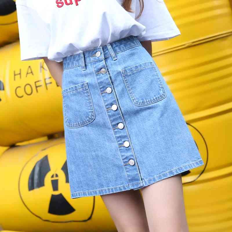

Denim Skirt High Waist A-line Mini Skirts Women Summer Arrivals Single Button Pockets Blue Jean Skirt Style Saia Jeans 210608, Photo color