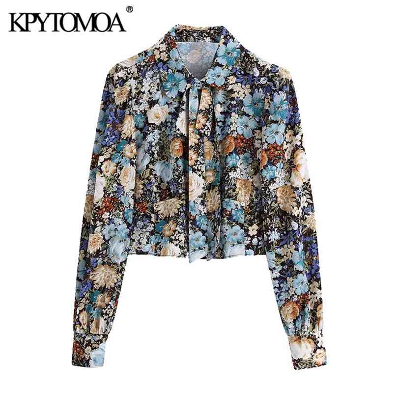

KPYTOMOA Women Fashion With Bow Tie Floral Print Cropped Blouses Vintage Long Sleeve Button-up Female Shirts Chic Tops 210719, As picture