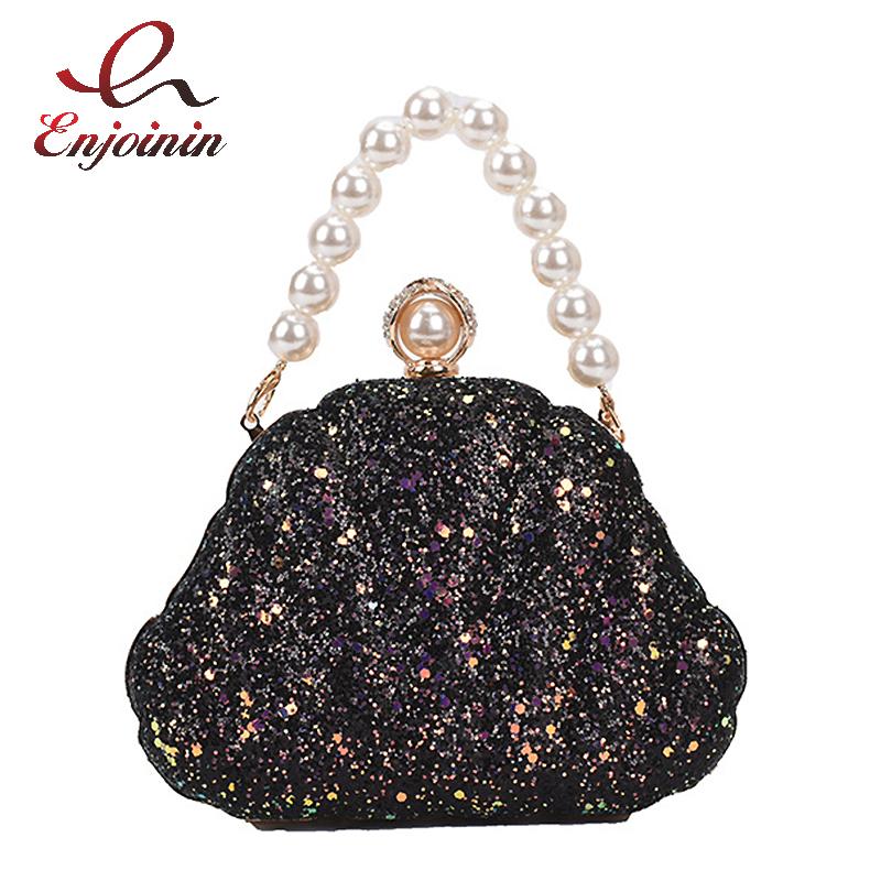 

Seashell Shape Sequined Party Clutch For Women Pearl Buckle Mini Chain Shoulder Bag Fashion Female Wedding Luxury Design Bags Evening
