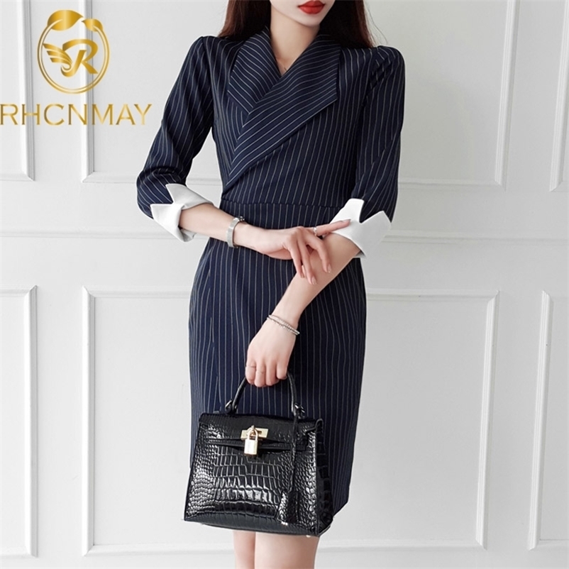 

Summer Women Sexy Sashes Pencil Blazer Dress 3/4 Sleeve Notched Neck Casual Office Lady Elegant Striped Vintage 210520, Navy blue