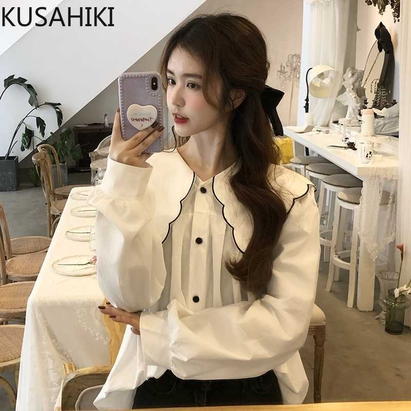 

KUSAHIKI Sweet Peter Pan Collar Women Blouse Causal Long Sleeve Doll Shirt Spring Korean Blusas Mujer De Moda 6E395 210602, White