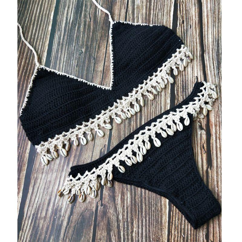 

Women' Swimwear 2021 Women Solid Crochet Bikini Set Shell Tassels Brazilian Swimsuit Halter Strappy Bikinis Swimsuits, Beige