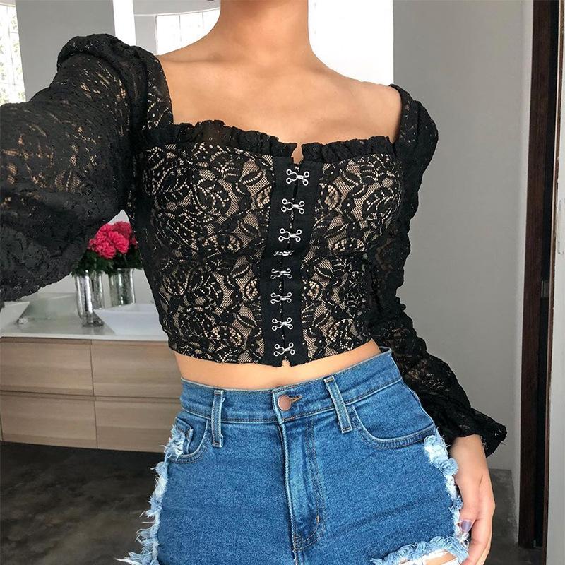 

Lace Corset Top Embroidered Sexy Blouse See Through Blouses Crop Square Collar 2021 Women's & Shirts, Black