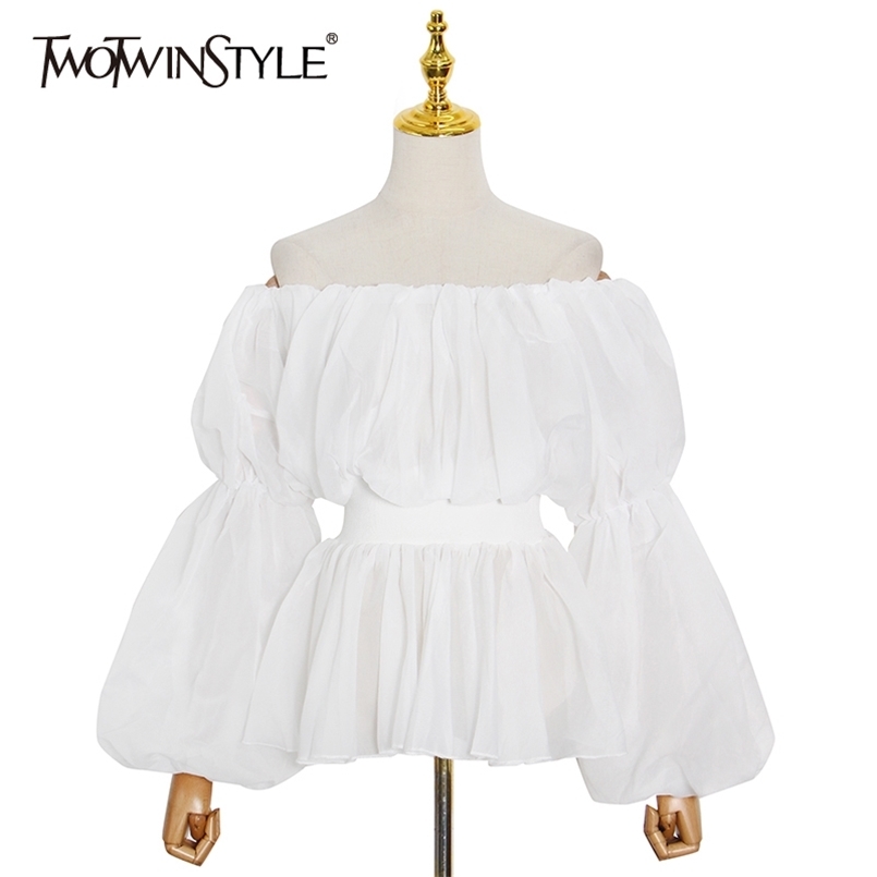 

Elegant Tunic Blouse Female Slash Neck Lantern Long Sleeve White Ruched Shirt For Women Fashion Clothing Spring 210524, Black