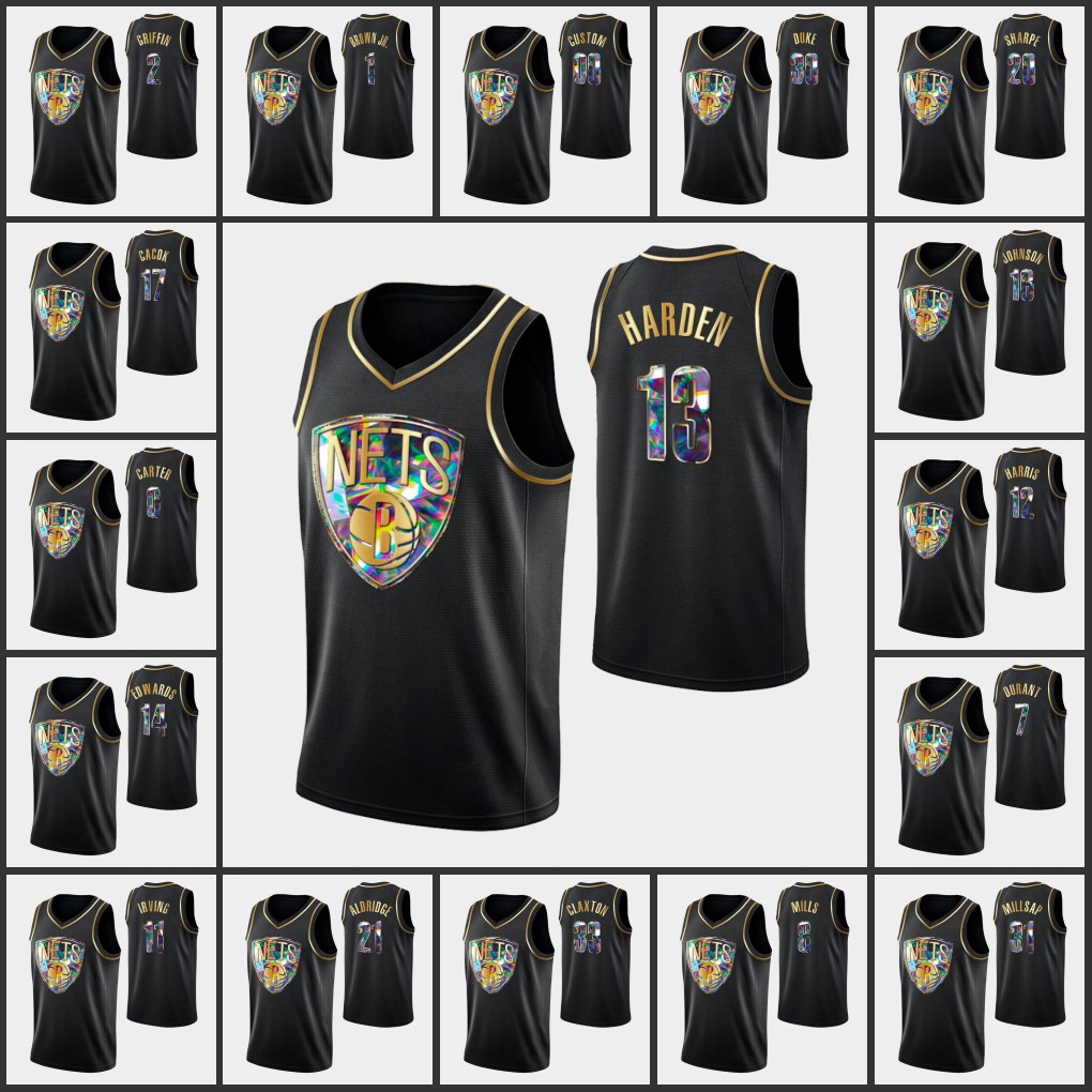 

Brooklyn Nets''James Harden Men Kyrie Irving Kevin Durant Joe Harris 2022 75th Diamond Custom Black Jersey