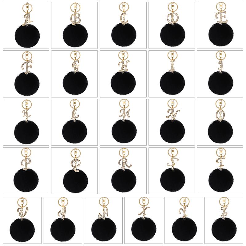 

Keychains Fashion Letter Keychain Trendy Creative Black Fluff 26 English Initial Diamond Handbag Keyring Accessories For Women