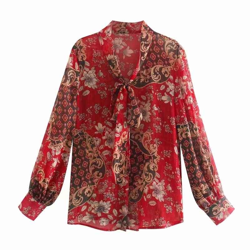 

Elegant Boho Floral Print blouse shirt Women Casual Long Sleeve Sexy V-neck with bow Ruffles Blouse female summer shirts 210524, Red