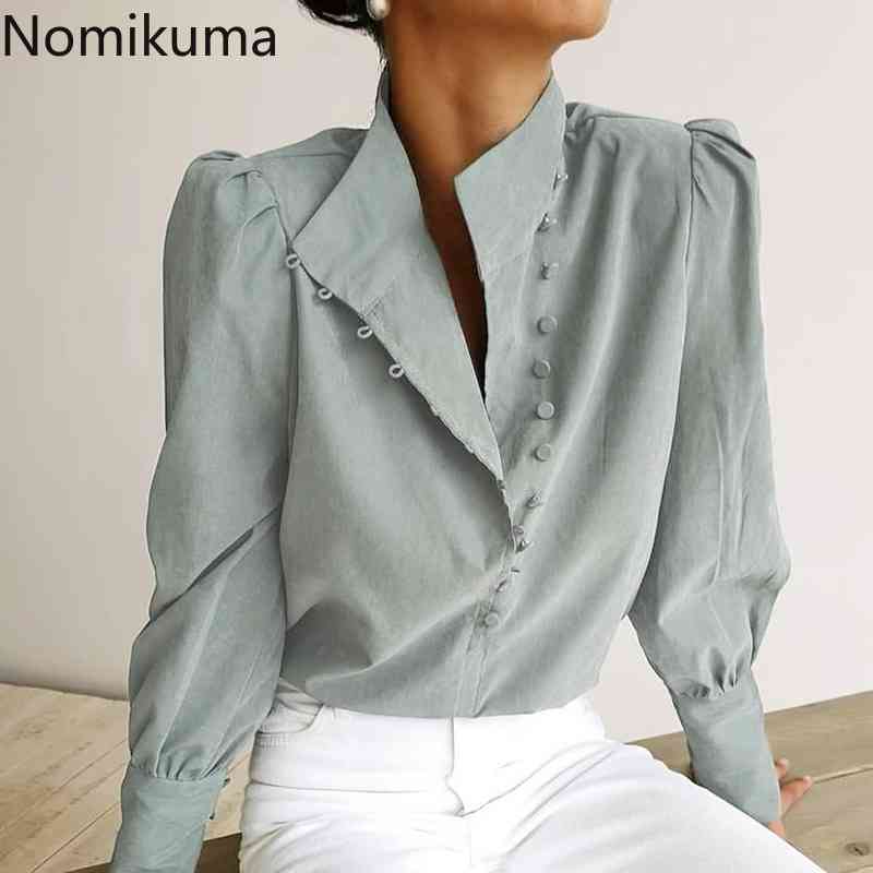Nomikuma Elegant Stand Neck Women Blouses Puff Sleeve Korean Spring New Shirt Causal Solid Blusas Camisas De Mujer 6G539 210427