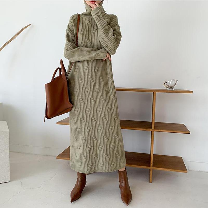 

Casual Dresses Winter Sweater Dress Women Turtleneck Knitted Twisted Loose Long Jumper Female Sleeved Thick Vestidos, Black;gray