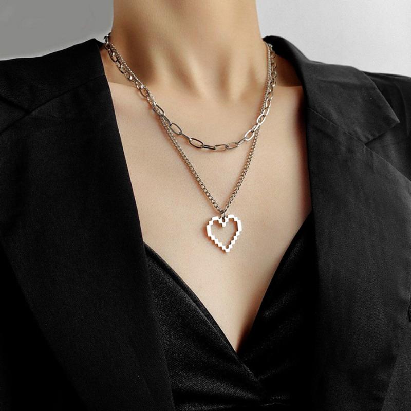 

Pendant Necklaces Fashion Punk Double Layer Necklace Pixel Love Heart Shape Chain Hollow Out Trend Men And Women Jewelry Gifts
